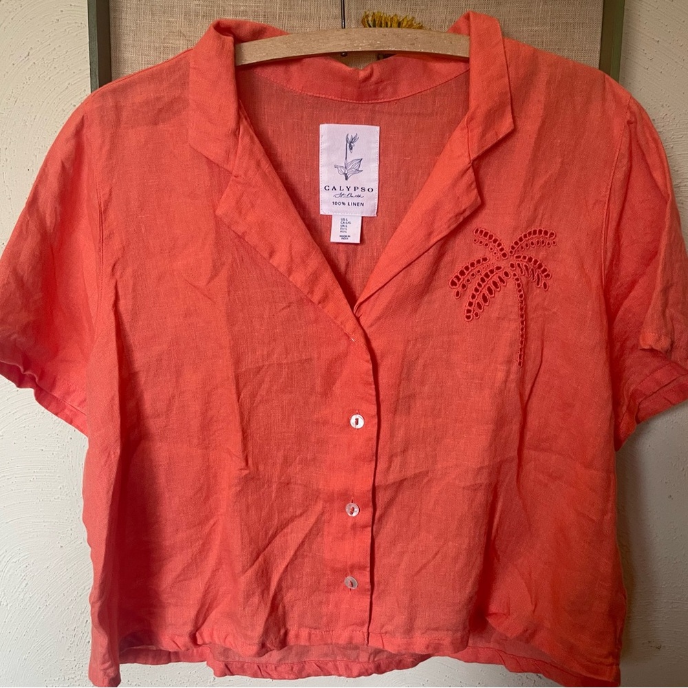Calypso st.barth, Coral Linen Women's Top